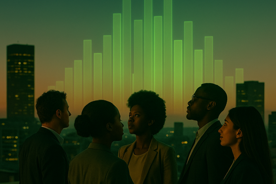 AI and the Future of Jobs in South Africa shown through diverse professionals shaping a tech-enabled skyline.