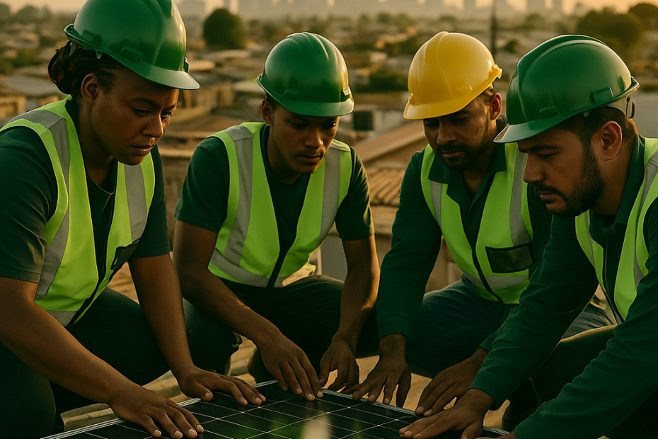 Green jobs in South Africa shown through a diverse solar team installing panels that help the environment.