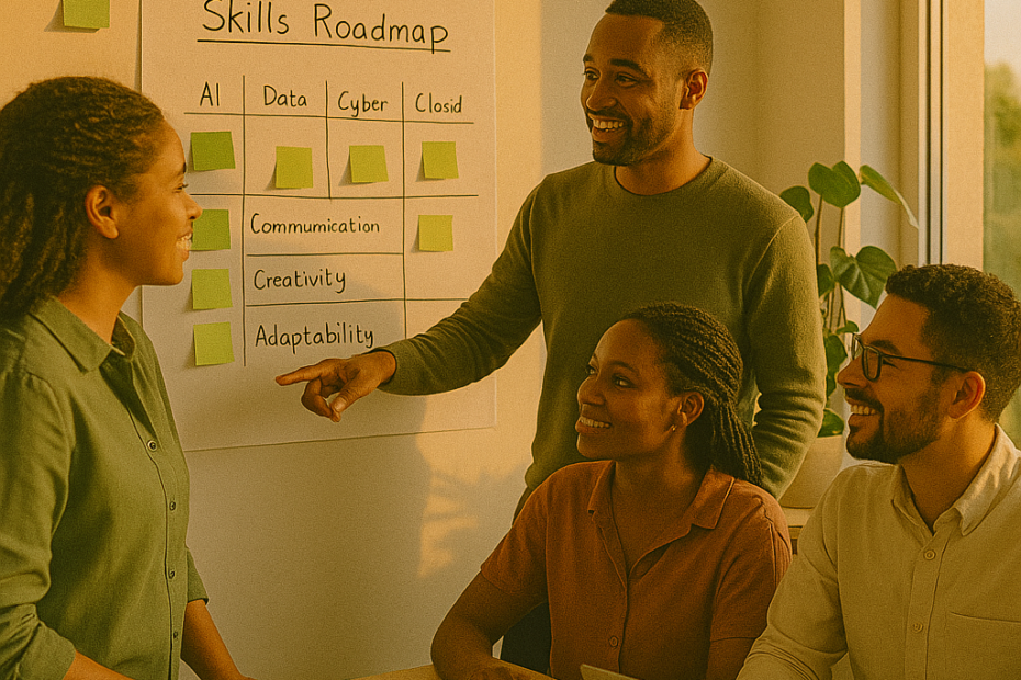 Team building the 20 Powerful Skills Employers Look For in 2025 on a live skills roadmap, using brand-green accents.