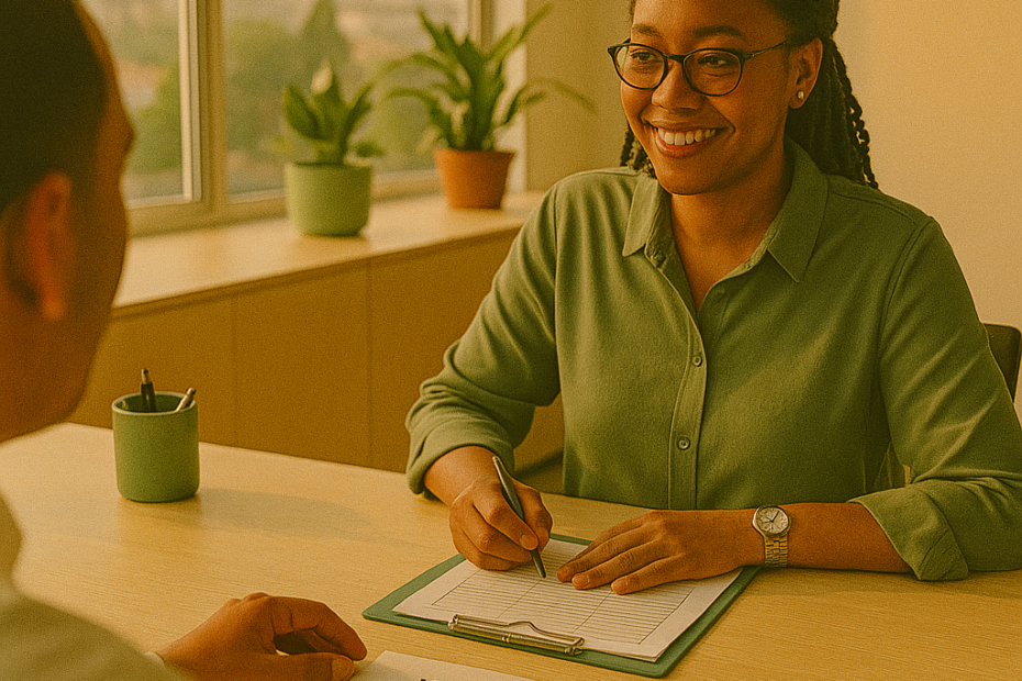 Candidate applying the Top 10 Job Interview Tips That Actually Work with a concise “Win Sheet” and calm body language.